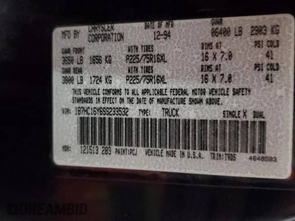 1995 Dodge 1500 z VIN 1B7HC16Y6SS233532, wystawiony jako Copart lot #80938484 z przebiegiem 87 885 mil mil oraz Szkoda całkowita • Salvage title. Historia ofert i sprzedaży dostępna na DreamBid. Obrazek 12.