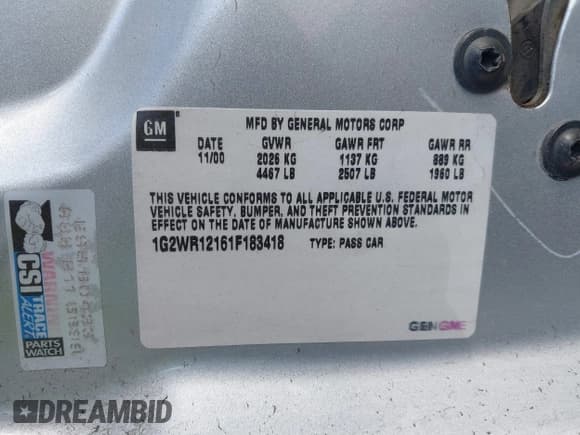 ✅ 2001 Pontiac Grand Prix GTP • VIN: 1G2WR12161F183418 • Лот: 41640223. Опубликован ранее на IAAI с пробегом 201 965 миль. Бесплатный доступ к архиву аукционных продаж из США и подробный отчёт об истории автомобиля на DreamBid. Изображение 9.