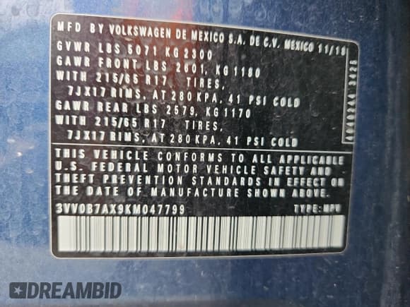 ✅ 2019 Volkswagen Tiguan S • VIN: 3VV0B7AX9KM047799 • Lot: 83848895. Listed on Copart with 116,245 mi. Free auction sales archive from the USA and detailed vehicle history report at DreamBid. Image 13.