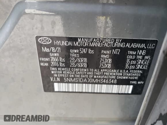 ✅ 2021 Hyundai Santa Fe SE • VIN: 5NMS1DAJ0MH346348 • Lot: 44148654. Wystawiony na Copart z przebiegiem 47 562 mil. Bezpłatny archiwum sprzedaży aukcyjnych z USA i szczegółowy raport historii pojazdu na DreamBid. Zdjęcie 13.