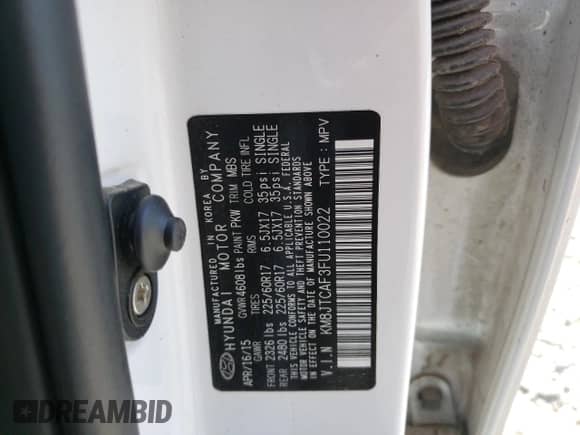 2015 Hyundai Tucson GLS with VIN KM8JTCAF3FU110022, listed as a Copart auction lot 47961694 with 60,354 mi miles and . Bid and sale history available at DreamBid. Image 13.