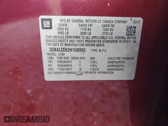 ✅ 2017 Chevrolet Equinox LT • VIN: 2GNALCEK2H1586683 • Лот: 71438105. Опубликован ранее на Copart с пробегом Не указан. Бесплатный доступ к архиву аукционных продаж из США и подробный отчёт об истории автомобиля на DreamBid. Изображение 13.