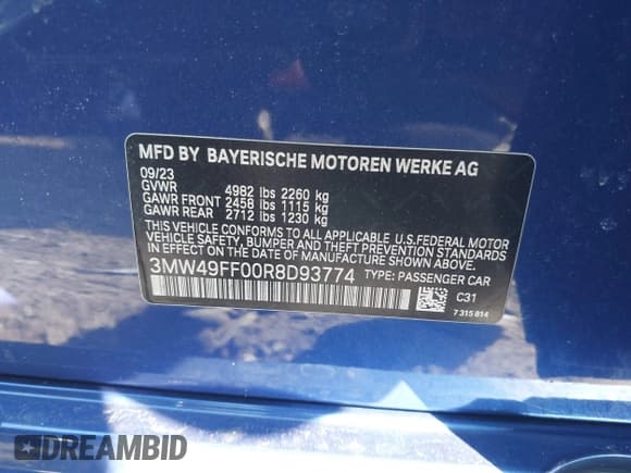 ✅ 2024 BMW 3 Series M340i xDrive • VIN: 3MW49FF00R8D93774 • Lot: 41330455. Listed on IAAI with 4,438 mi. Free auction sales archive from the USA and detailed vehicle history report at DreamBid. Image 9.