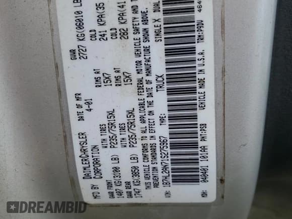 ✅ 2001 Dodge Dakota Sport • VIN: 1B7HL2AN71S275967 • Lot: 42954505. Wystawiony na Copart z przebiegiem 168 681 mil. Bezpłatny archiwum sprzedaży aukcyjnych z USA i szczegółowy raport historii pojazdu na DreamBid. Zdjęcie 12.