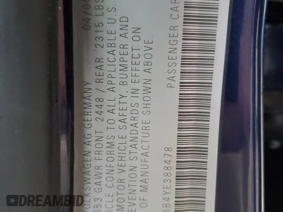✅ 2000 Volkswagen Passat • VIN: WVWUH23B4YE388478 • Lot: 83694644. Wystawiony na Copart z przebiegiem 109 024 mil. Bezpłatny archiwum sprzedaży aukcyjnych z USA i szczegółowy raport historii pojazdu na DreamBid. Zdjęcie 13.