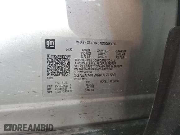 ✅ 2022 Chevrolet Traverse LT Cloth • VIN: 1GNEVMKW6NJ171683 • Lot: 90921995. Listed on Copart with 383,421 mi. Free auction sales archive from the USA and detailed vehicle history report at DreamBid. Image 13.