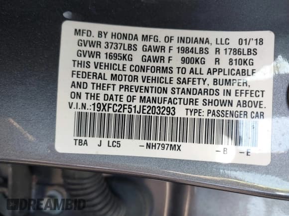 ✅ 2018 Honda Civic LX • VIN: 19XFC2F51JE203293 • Lot: 43380270. Listed on IAAI with 84,439 mi. Free auction sales archive from the USA and detailed vehicle history report at DreamBid. Image 9.