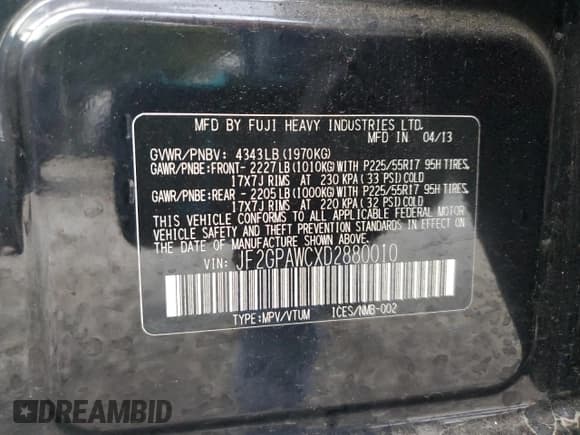 ✅ 2013 Subaru Crosstrek Premium • VIN: JF2GPAWCXD2880010 • Lot: 82201305. Listed on Copart with 152,593 mi. Free auction sales archive from the USA and detailed vehicle history report at DreamBid. Image 12.