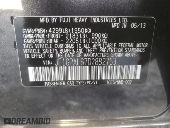 ✅ 2013 Subaru Impreza Special Sports Premium • VIN: JF1GPAL67D2882753 • Lot: 93144255. Listed on Copart with 131,836 mi. Free auction sales archive from the USA and detailed vehicle history report at DreamBid. Image 12.