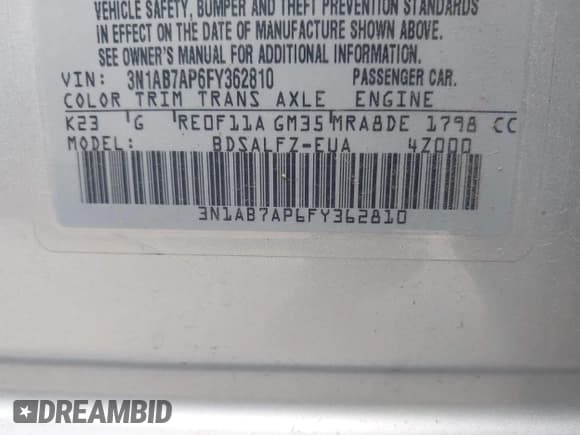 ✅ 2015 Nissan Sentra S • VIN: 3N1AB7AP6FY362810 • Lot: 42665973. Listed on IAAI with 180,464 mi. Free auction sales archive from the USA and detailed vehicle history report at DreamBid. Image 9.