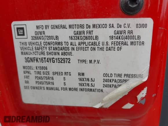 2000 Chevrolet Suburban LT с VIN 3GNFK16T4YG152972, выставлен на аукционе IAAI как лот 42171645 с пробегом Не указан миль и . История ставок и продаж доступна на DreamBid. Изображение 9.