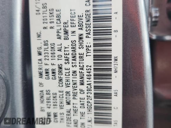 ✅ 2012 Honda Accord LX • VIN: 1HGCP2F39CA146452 • Лот: 91685145. Опубликован ранее на Copart с пробегом 200 609 миль. Бесплатный доступ к архиву аукционных продаж из США и подробный отчёт об истории автомобиля на DreamBid. Изображение 12.