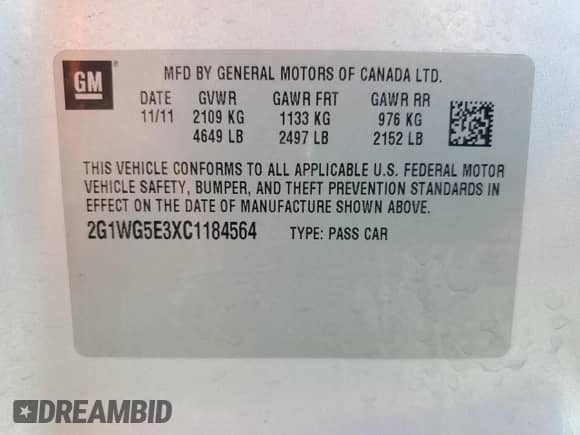 2012 Chevrolet Impala LT Fleet with VIN 2G1WG5E3XC1184564, listed as a Copart auction lot 86266135 with 160,096 mi miles and Salvage title. Bid and sale history available at DreamBid. Image 13.