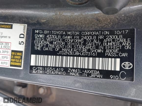 ✅ 2017 Toyota Prius Two • VIN: JTDZN3EU8HJ073161 • Lot: 42912926. Listed on IAAI with 104,562 mi. Free auction sales archive from the USA and detailed vehicle history report at DreamBid. Image 9.