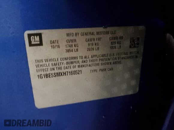 ✅ 2017 Chevrolet Cruze LT • VIN: 1G1BE5SMXH7160521 • Lot: 43254353. Listed on Copart with 70,799 mi. Free auction sales archive from the USA and detailed vehicle history report at DreamBid. Image 12.