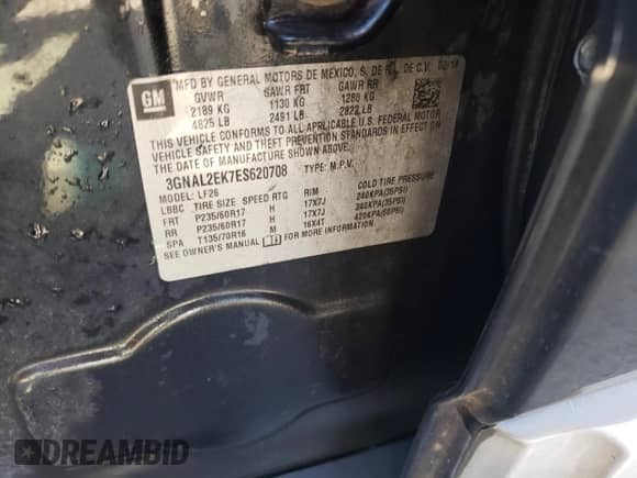 2014 Chevrolet Captiva Sport LS with VIN 3GNAL2EK7ES620708, listed as a Copart auction lot 76695854 with 162,694 mi miles and Salvage title. Bid and sale history available at DreamBid. Image 13.