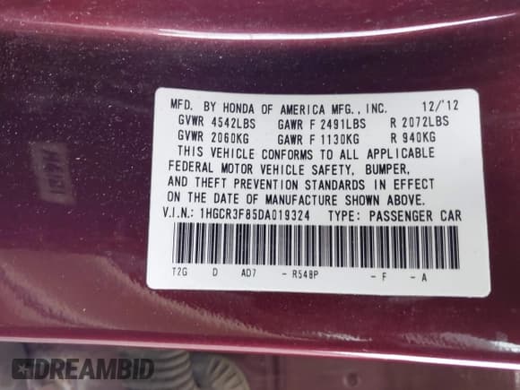 ✅ 2013 Honda Accord EX-L • VIN: 1HGCR3F85DA019324 • Lot: 43592075. Listed on IAAI with 209,290 mi. Free auction sales archive from the USA and detailed vehicle history report at DreamBid. Image 9.