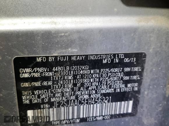 2014 Subaru Forester 2.5i with VIN JF2SJAAC5EH456221, listed as a Copart auction lot 86164795 with 208,171 mi miles and Salvage title. Bid and sale history available at DreamBid. Image 13.