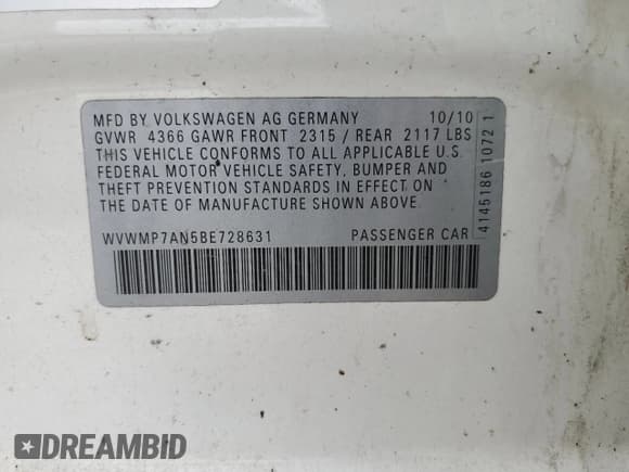 ✅ 2011 Volkswagen CC Sport • VIN: WVWMP7AN5BE728631 • Lot: 82147375. Listed on Copart with 142,336 mi. Free auction sales archive from the USA and detailed vehicle history report at DreamBid. Image 12.