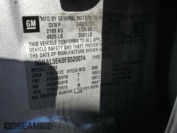 ✅ 2015 Chevrolet Captiva Sport LT • VIN: 3GNAL3EK8FS520074 • Lot: 45602535. Wystawiony na Copart z przebiegiem 166 424 mil. Bezpłatny archiwum sprzedaży aukcyjnych z USA i szczegółowy raport historii pojazdu na DreamBid. Zdjęcie 14.