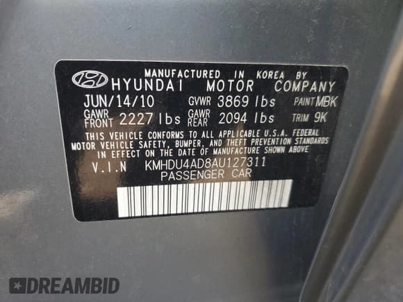 ✅ 2010 Hyundai Elantra SE • VIN: KMHDU4AD8AU127311 • Lot: 91235465. Listed on Copart with 170,690 mi. Free auction sales archive from the USA and detailed vehicle history report at DreamBid. Image 12.