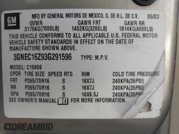 ✅ 2003 Chevrolet Suburban LS • VIN: 3GNEC16Z93G291596 • Лот: 42635227. Опубликован ранее на IAAI с пробегом 198 645 миль. Бесплатный доступ к архиву аукционных продаж из США и подробный отчёт об истории автомобиля на DreamBid. Изображение 9.