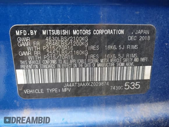 ✅ 2019 Mitsubishi Eclipse Cross ES • VIN: JA4AT3AAXKZ029874 • Лот: 42724658. Опубликован ранее на IAAI с пробегом 118 745 миль. Бесплатный доступ к архиву аукционных продаж из США и подробный отчёт об истории автомобиля на DreamBid. Изображение 9.