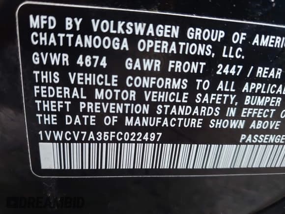 ✅ 2015 Volkswagen Passat SEL Premium • VIN: 1VWCV7A35FC022497 • Lot: 43546687. Listed on IAAI with 159,151 mi. Free auction sales archive from the USA and detailed vehicle history report at DreamBid. Image 9.