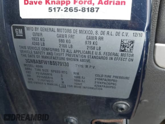 ✅ 2011 Chevrolet HHR 1LT • VIN: 3GNBABFW1BS579130 • Lot: 41891457. Listed on IAAI with 168,818 mi. Free auction sales archive from the USA and detailed vehicle history report at DreamBid. Image 9.