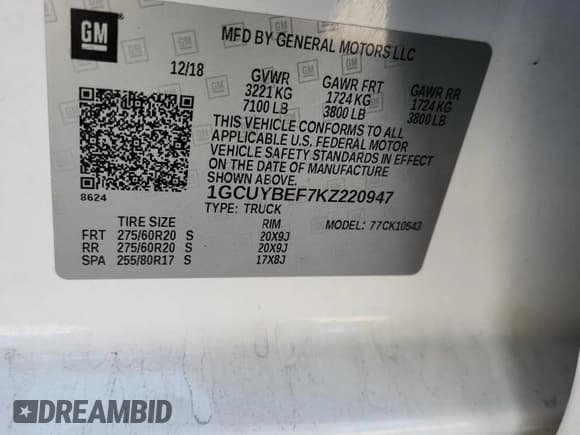 ✅ 2019 Chevrolet Silverado 1500 Custom • VIN: 1GCUYBEF7KZ220947 • Lot: 71678265. Wystawiony na Copart z przebiegiem 66 746 mil. Bezpłatny archiwum sprzedaży aukcyjnych z USA i szczegółowy raport historii pojazdu na DreamBid. Zdjęcie 12.