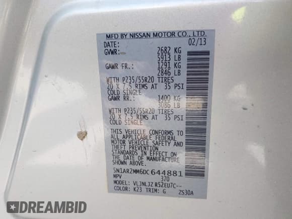 ✅ 2013 Nissan Pathfinder SL • VIN: 5N1AR2MM6DC644881 • Lot: 42925206. Listed on IAAI with 132,240 mi. Free auction sales archive from the USA and detailed vehicle history report at DreamBid. Image 9.