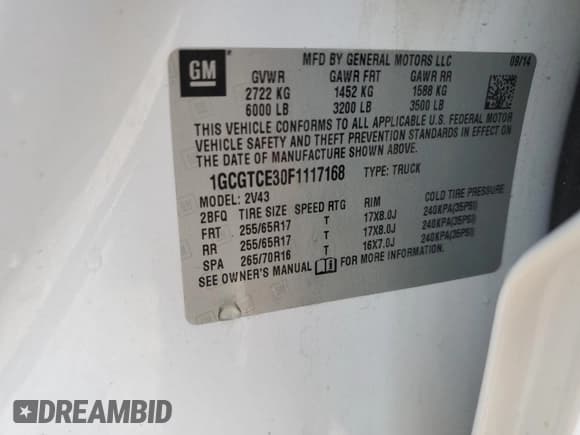✅ 2015 Chevrolet Colorado 4WD Z71 • VIN: 1GCGTCE30F1117168 • Лот: 63427044. Опубликован ранее на Copart с пробегом 164 972 миль. Бесплатный доступ к архиву аукционных продаж из США и подробный отчёт об истории автомобиля на DreamBid. Изображение 13.