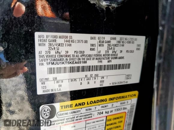 ✅ 2019 Ford Expedition Limited • VIN: 1FMJU1KT5KEA65188 • Lot: 90774155. Wystawiony na Copart z przebiegiem 78 715 mil. Bezpłatny archiwum sprzedaży aukcyjnych z USA i szczegółowy raport historii pojazdu na DreamBid. Zdjęcie 14.