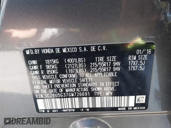 ✅ 2016 Honda HR-V LX • VIN: 3CZRU5G37GM726691 • Lot: 42120997. Listed on IAAI with 85,473 mi. Free auction sales archive from the USA and detailed vehicle history report at DreamBid. Image 9.