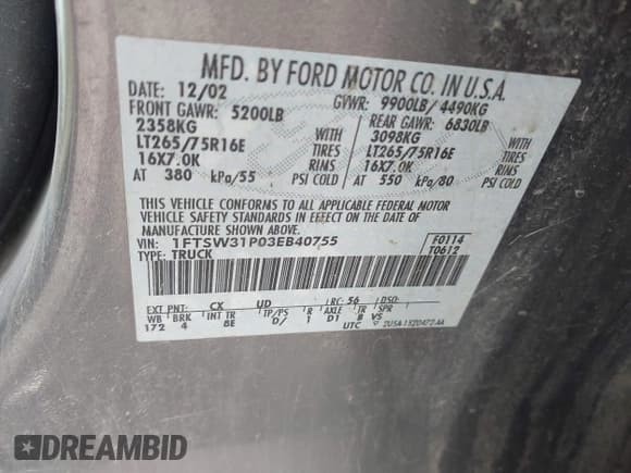 ✅ 2003 Ford F-350 XL • VIN: 1FTSW31P03EB40755 • Лот: 41841150. Опубликован ранее на IAAI с пробегом 242 203 миль. Бесплатный доступ к архиву аукционных продаж из США и подробный отчёт об истории автомобиля на DreamBid. Изображение 9.