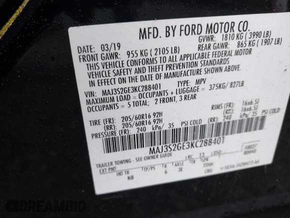 ✅ 2019 Ford EcoSport SE • VIN: MAJ3S2GE3KC288401 • Lot: 42987606. Listed on IAAI with 34,200 mi. Free auction sales archive from the USA and detailed vehicle history report at DreamBid. Image 9.