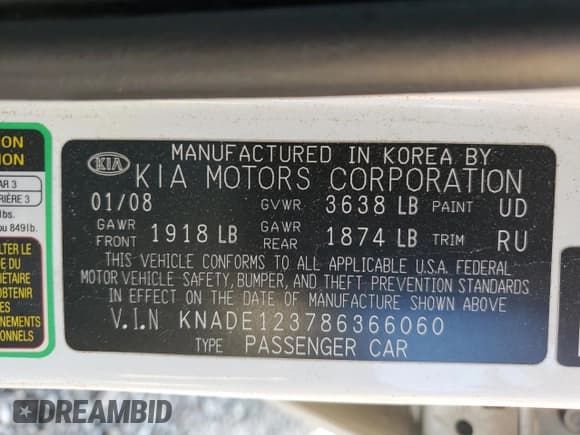 ✅ 2008 Kia Rio LX • VIN: KNADE123786366060 • Lot: 84010965. Listed on Copart with 152,814 mi. Free auction sales archive from the USA and detailed vehicle history report at DreamBid. Image 12.