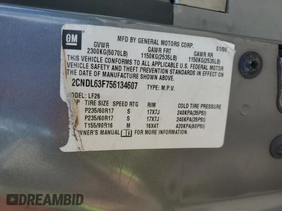 ✅ 2005 Chevrolet Equinox LT • VIN: 2CNDL63F756134607 • Лот: 86117495. Опубликован ранее на Copart с пробегом 233 381 миль. Бесплатный доступ к архиву аукционных продаж из США и подробный отчёт об истории автомобиля на DreamBid. Изображение 13.