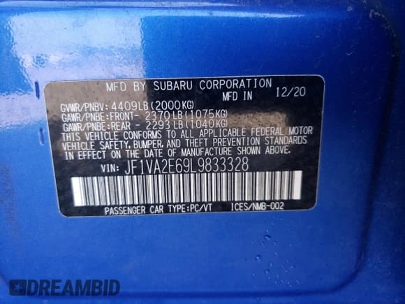 ✅ 2020 Subaru WRX STI • VIN: JF1VA2E69L9833328 • Lot: 66268315. Listed on Copart with 87,060 mi. Free auction sales archive from the USA and detailed vehicle history report at DreamBid. Image 12.