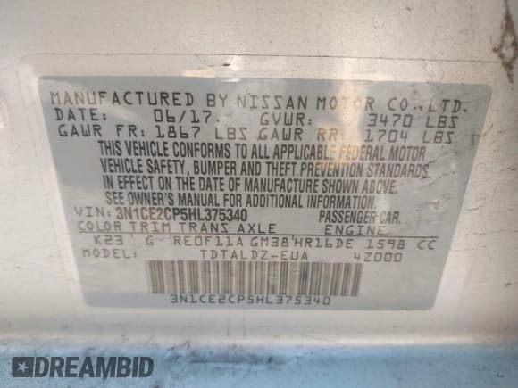 ✅ 2017 Nissan Note SV • VIN: 3N1CE2CP5HL375340 • Lot: 41577032. Listed on IAAI with 51,811 mi. Free auction sales archive from the USA and detailed vehicle history report at DreamBid. Image 9.