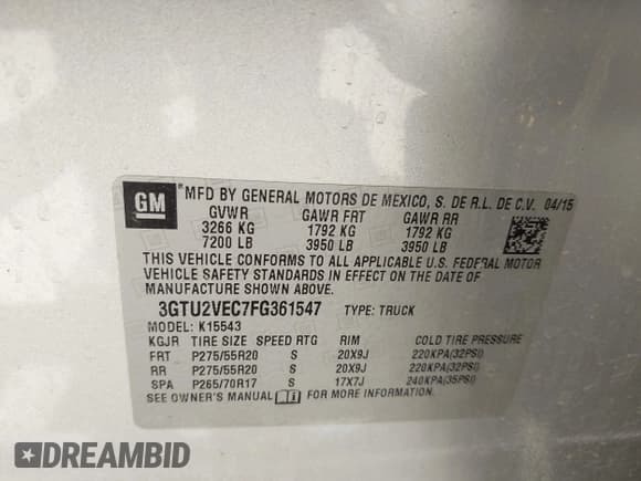 ✅ 2015 GMC Sierra 1500 SLT • VIN: 3GTU2VEC7FG361547 • Lot: 42451814. Listed on IAAI with 132,294 mi. Free auction sales archive from the USA and detailed vehicle history report at DreamBid. Image 9.