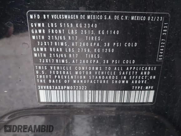 ✅ 2023 Volkswagen Tiguan S • VIN: 3VVRB7AX8PM072322 • Lot: 43786337. Listed on IAAI with 23,625 mi. Free auction sales archive from the USA and detailed vehicle history report at DreamBid. Image 9.