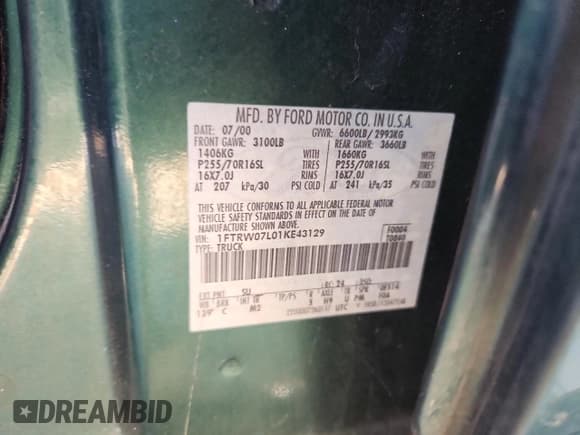 ✅ 2001 Ford F-150 XLT • VIN: 1FTRW07L01KE43129 • Lot: 86851325. Listed on Copart with 319,152 mi. Free auction sales archive from the USA and detailed vehicle history report at DreamBid. Image 12.