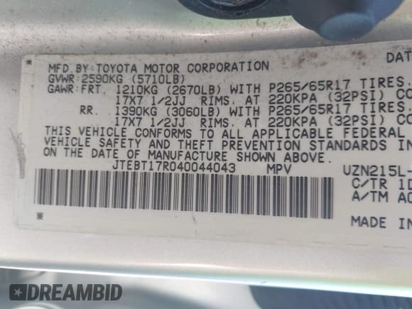 ✅ 2004 Toyota 4Runner Limited • VIN: JTEBT17R040044043 • Lot: 43114845. Wystawiony na IAAI z przebiegiem 186 734 mil. Bezpłatny archiwum sprzedaży aukcyjnych z USA i szczegółowy raport historii pojazdu na DreamBid. Zdjęcie 9.