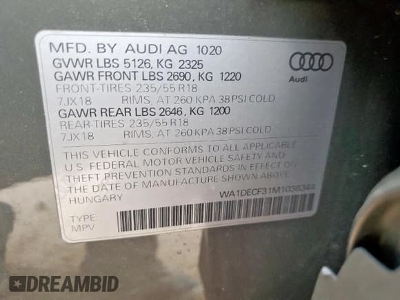 ✅ 2021 Audi Q3 S line Premium • VIN: WA1DECF31M1036344 • Лот: 93421685. Опубликован ранее на Copart с пробегом 41 556 миль. Бесплатный доступ к архиву аукционных продаж из США и подробный отчёт об истории автомобиля на DreamBid. Изображение 12.