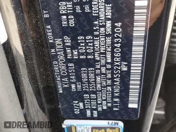 ✅ 2024 Kia EV9 Light Short Range • VIN: KNDAA5S2XR6043204 • Lot: 92166355. Wystawiony na Copart z przebiegiem 50 327 mil. Bezpłatny archiwum sprzedaży aukcyjnych z USA i szczegółowy raport historii pojazdu na DreamBid. Zdjęcie 14.