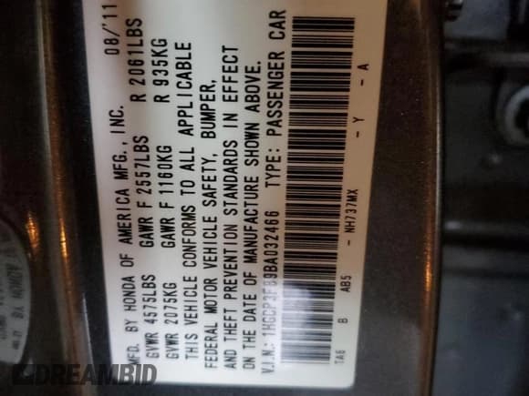 ✅ 2011 Honda Accord EX-L • VIN: 1HGCP3F89BA032466 • Lot: 84489764. Wystawiony na Copart z przebiegiem 58 880 mil. Bezpłatny archiwum sprzedaży aukcyjnych z USA i szczegółowy raport historii pojazdu na DreamBid. Zdjęcie 12.