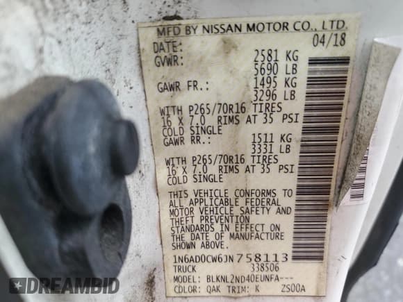 ✅ 2018 Nissan Frontier Pro-4X • VIN: 1N6AD0CW6JN758113 • Lot: 68731905. Listed on Copart with Not provided. Free auction sales archive from the USA and detailed vehicle history report at DreamBid. Image 12.