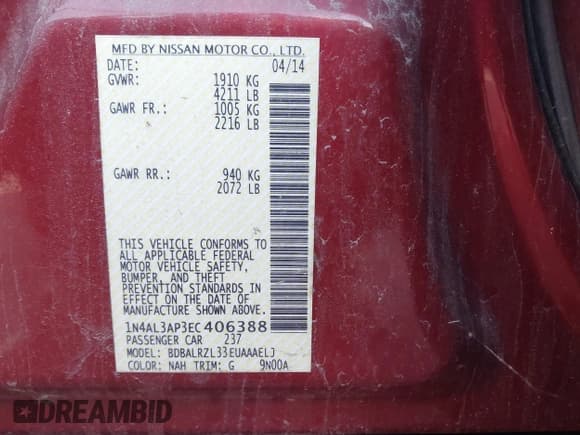 ✅ 2014 Nissan Altima S • VIN: 1N4AL3AP3EC406388 • Лот: 43495540. Опубликован ранее на IAAI с пробегом 124 173 миль. Бесплатный доступ к архиву аукционных продаж из США и подробный отчёт об истории автомобиля на DreamBid. Изображение 9.