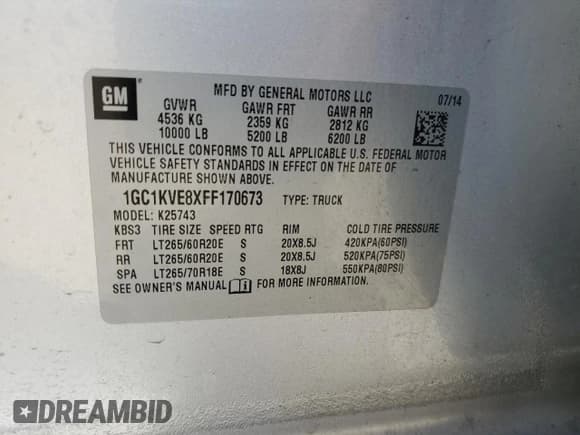 ✅ 2015 Chevrolet Silverado 2500HD LT • VIN: 1GC1KVE8XFF170673 • Lot: 59818525. Listed on Copart with 126,295 mi. Free auction sales archive from the USA and detailed vehicle history report at DreamBid. Image 12.